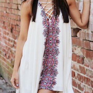 Show Me Your Mumu Daryn Mini Swing Dress Lace Up Sleeveless Cream Island Fever M